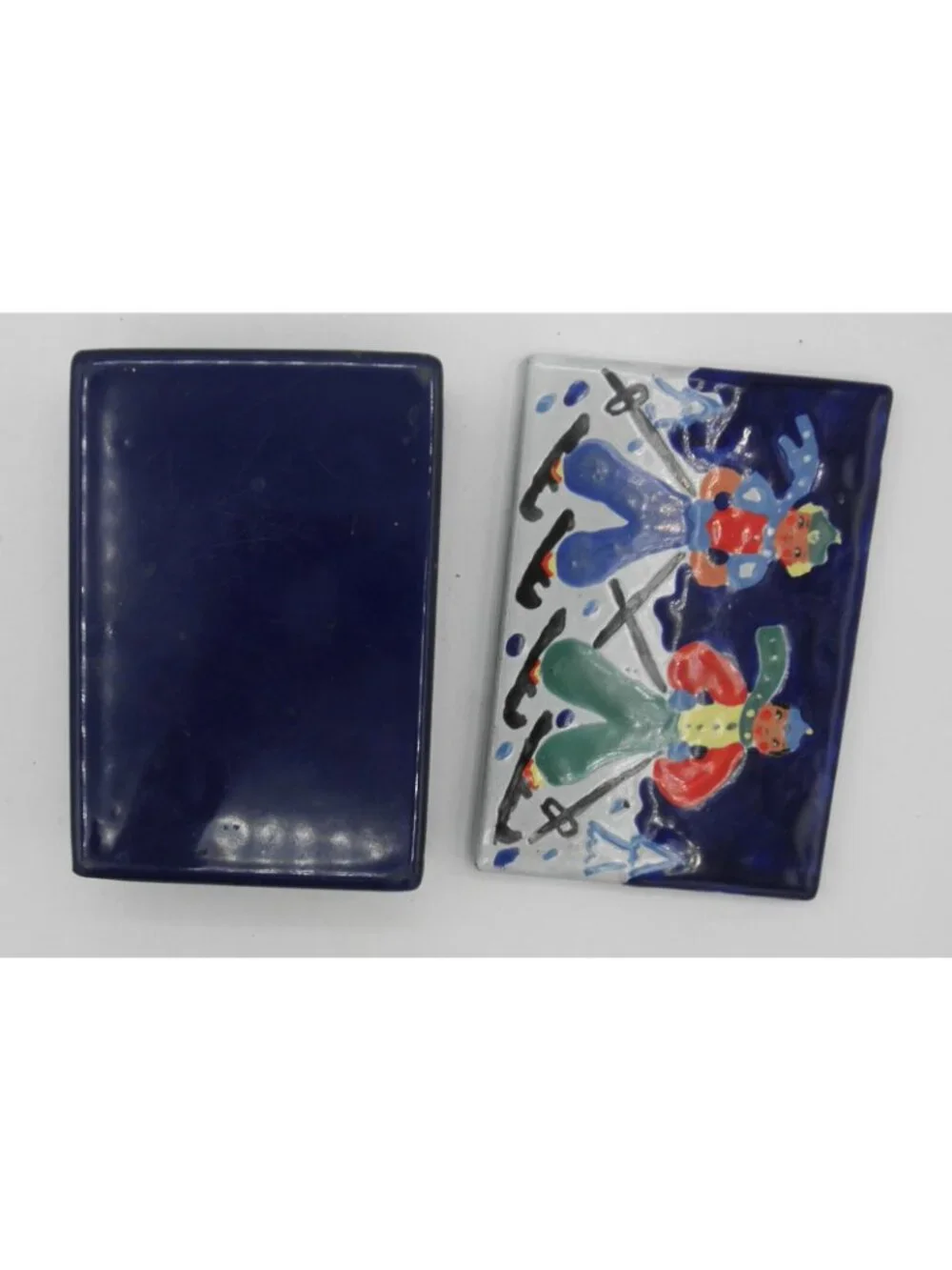VTG Rectangular Enamel Over Metal Trinket Dresser Box Skiers FLAW CHIPPED ENAMEL